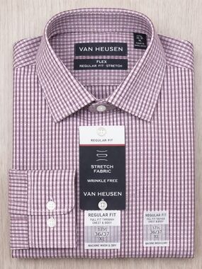 Van Heusen Flex Burgundy Check Dress Shirt XL 17.5 36/37 NWT Stretch Wrinkle Fre